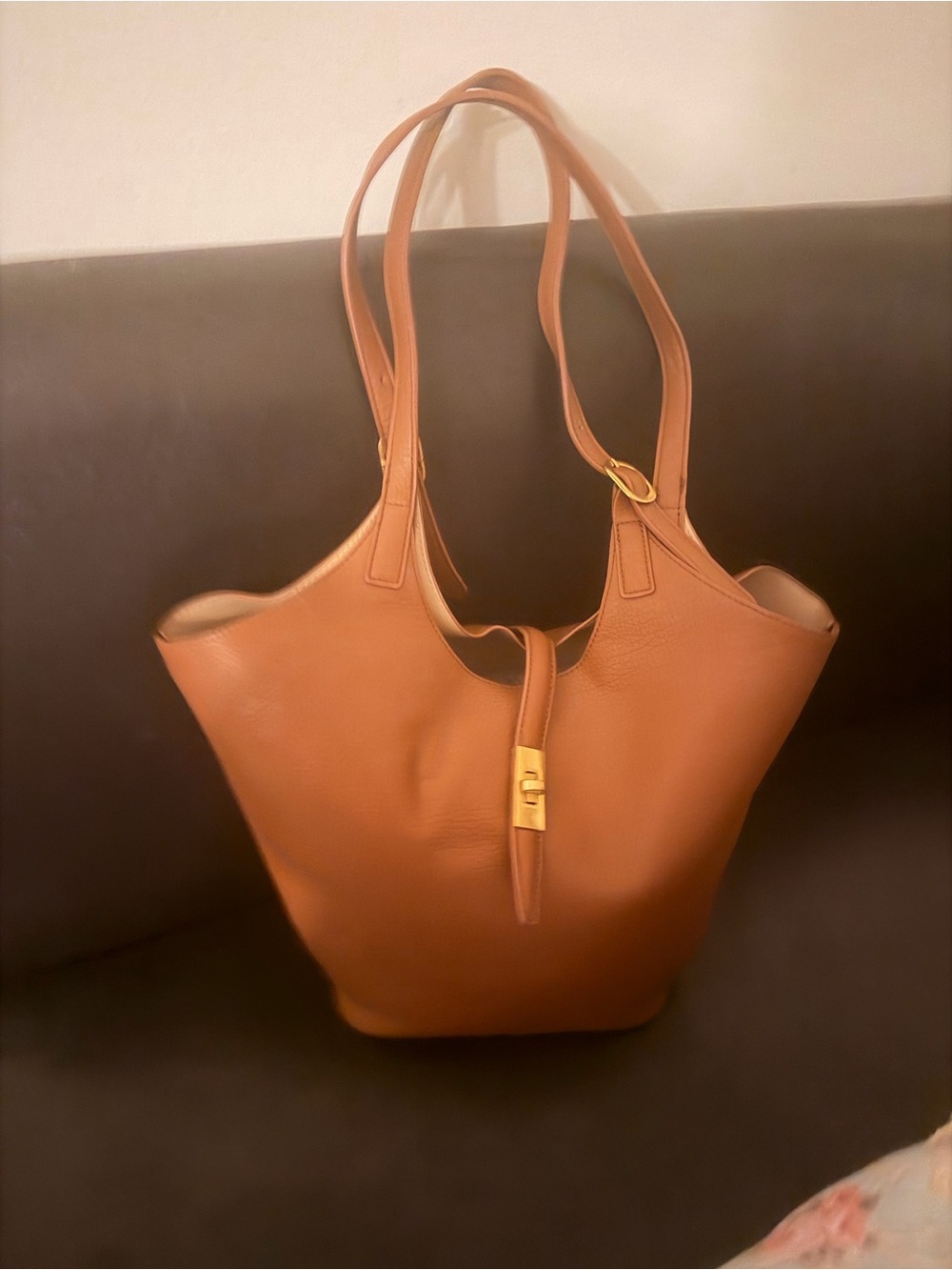 Classic Tan Leather Tote Bag with Gold Hardware
